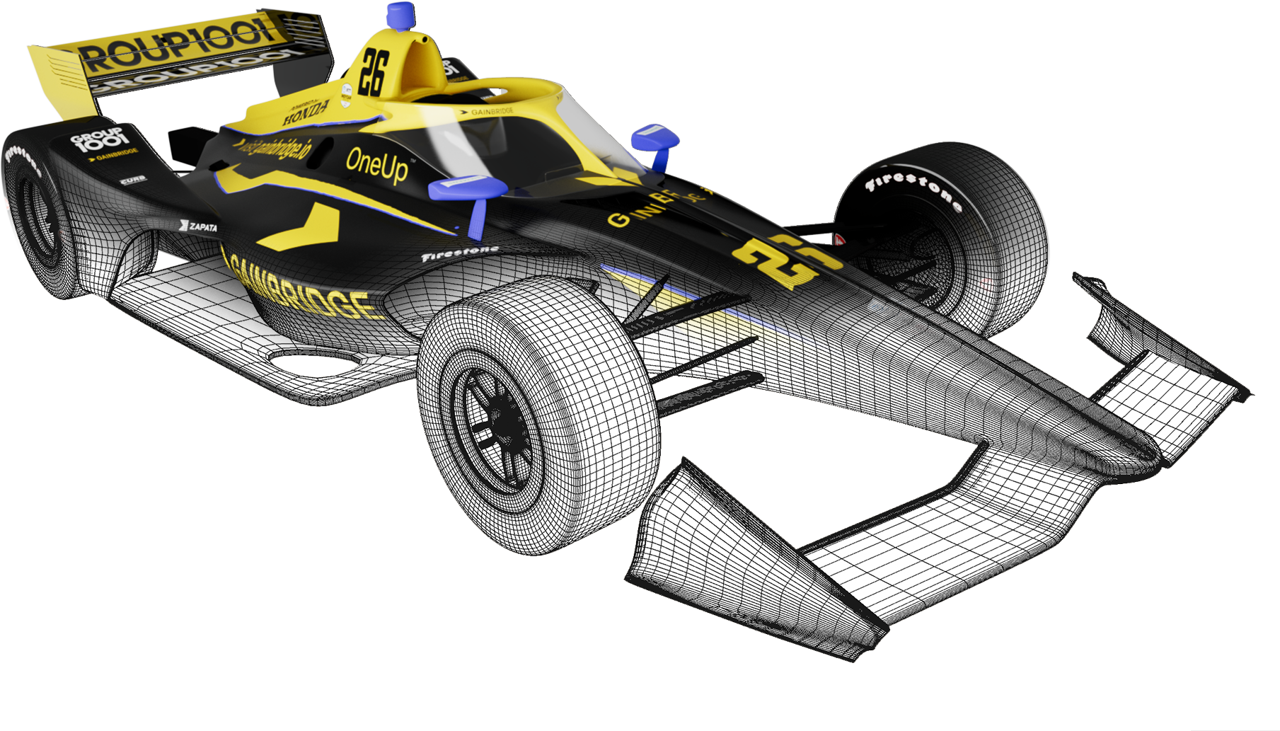 The car rebuilt in 3D, wireframe over the finished paint