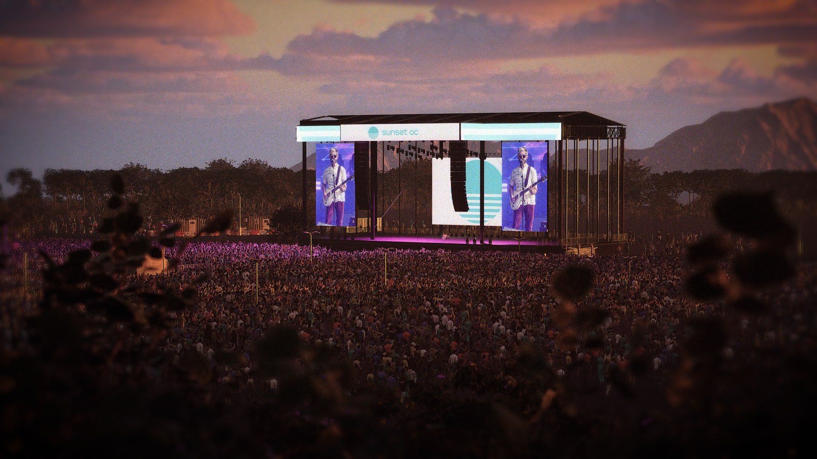 A festival main stage previsualised
