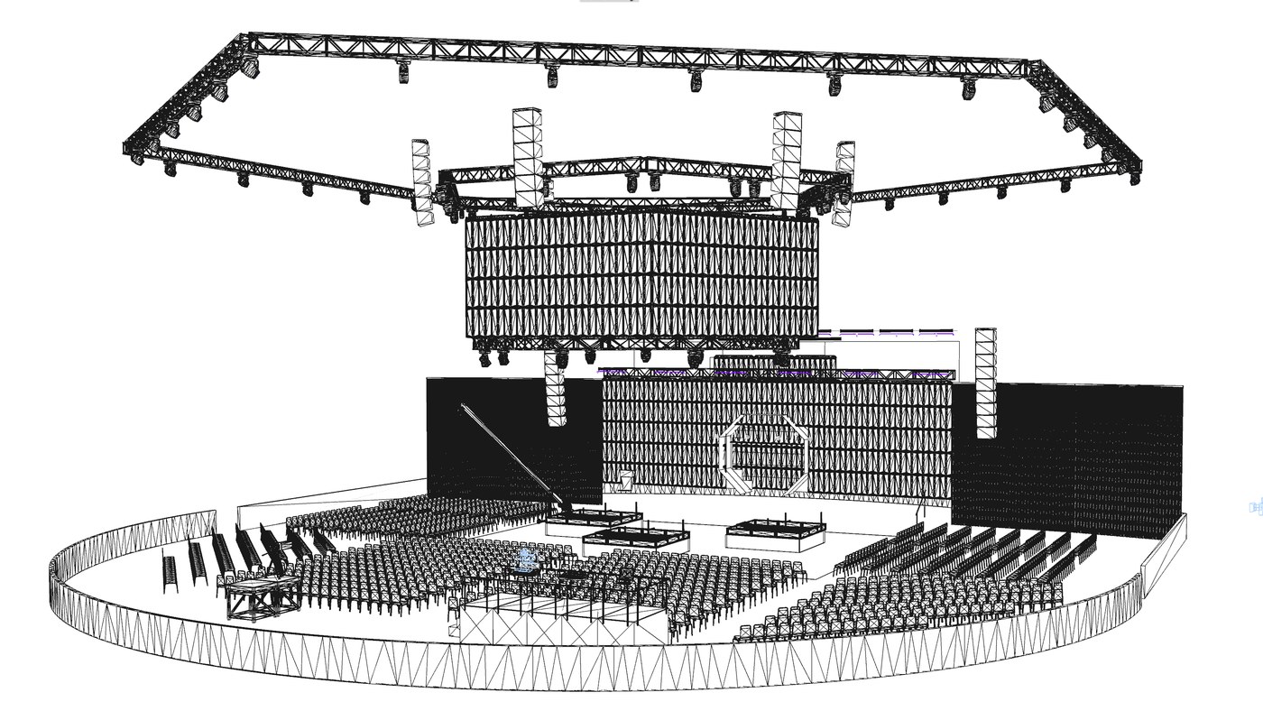 A CAD wireframe of an arena build - truss, LED and the seating bowl