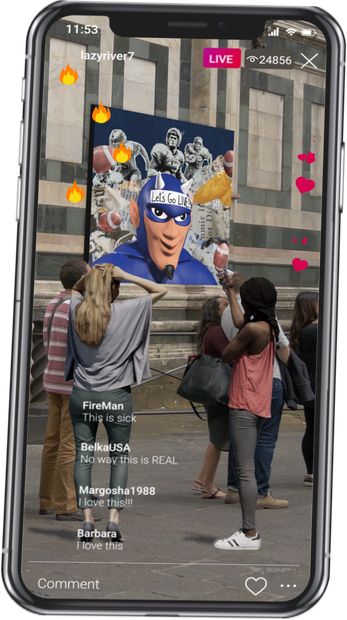 A phone in the crowd showing the character live