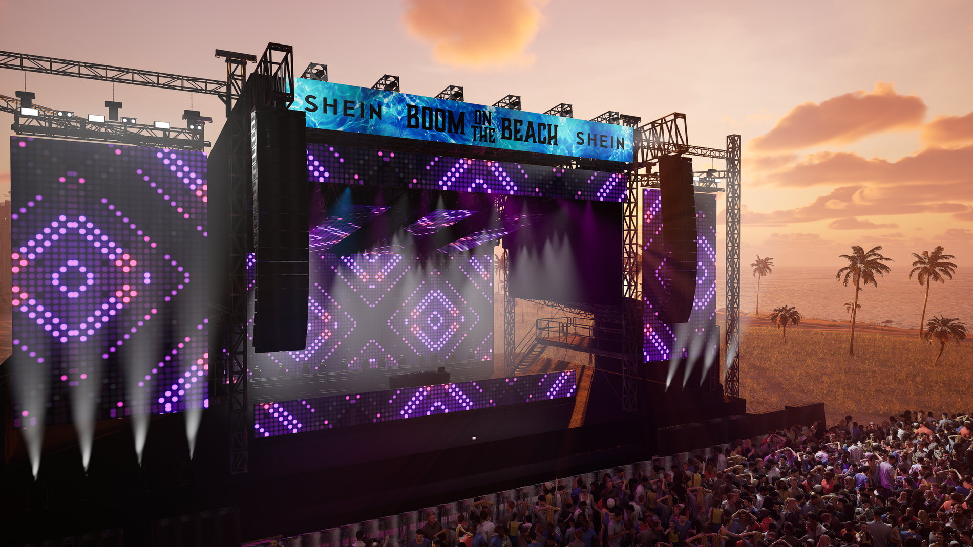 Previsualised festival stage with a simulated crowd at dusk