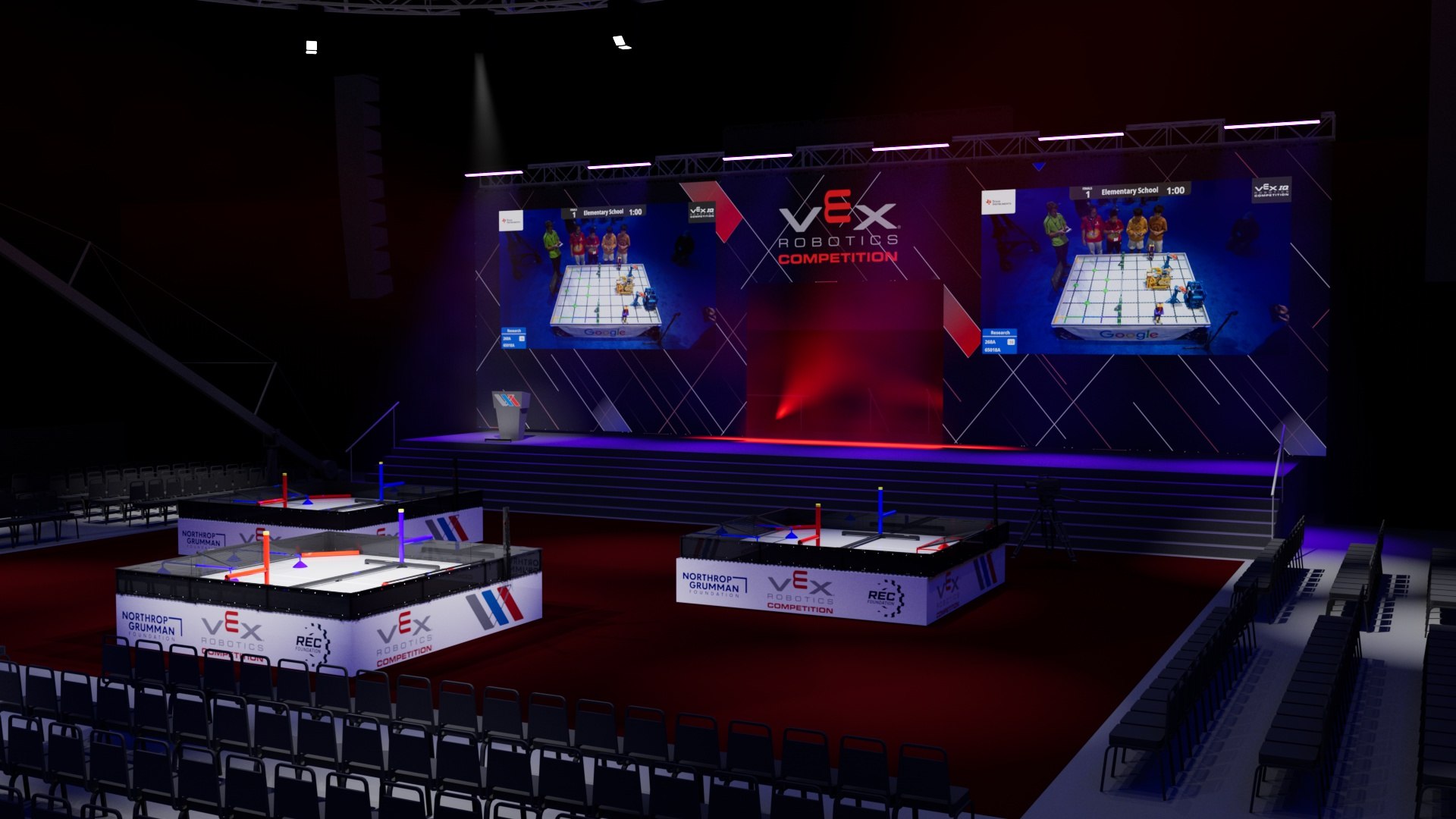 The VEX Robotics competition floor previsualised under show lighting
